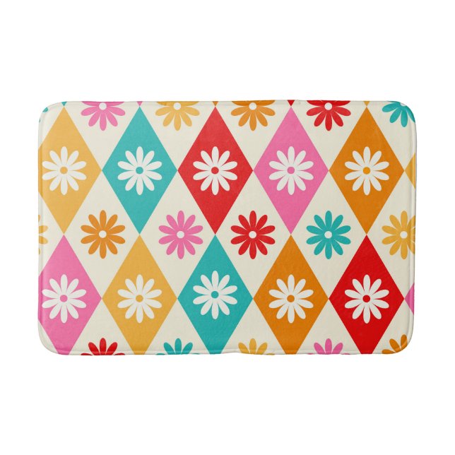 Retro Flowers on Mid Century Diamonds Pattern Bath Mat (Front)