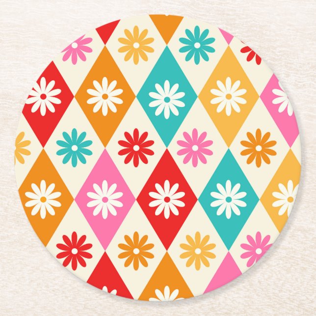 Retro Flowers on Mid Century Diamonds Pattern Round Paper Coaster (Front)