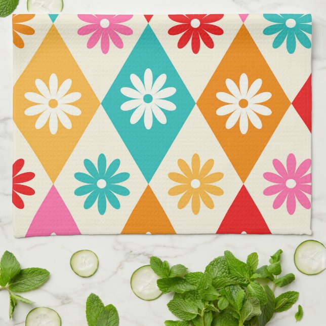Retro Flowers on Mid Century Diamonds Pattern Tea Towel (Folded)