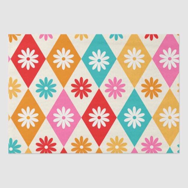 Retro Flowers on Mid Century Diamonds Pattern Tissue Paper (Front)