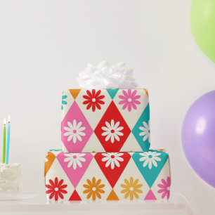 Retro Flowers on Mid Century Diamonds Pattern Wrapping Paper