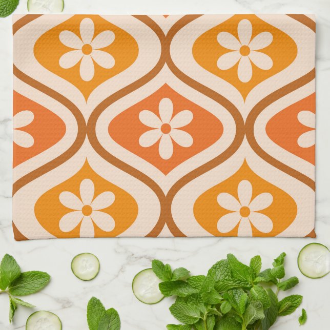 Retro flowers on orange and amber ogee pattern tea towel (Folded)
