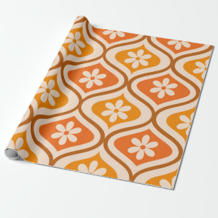 Retro flowers on orange and amber ogee pattern wrapping paper