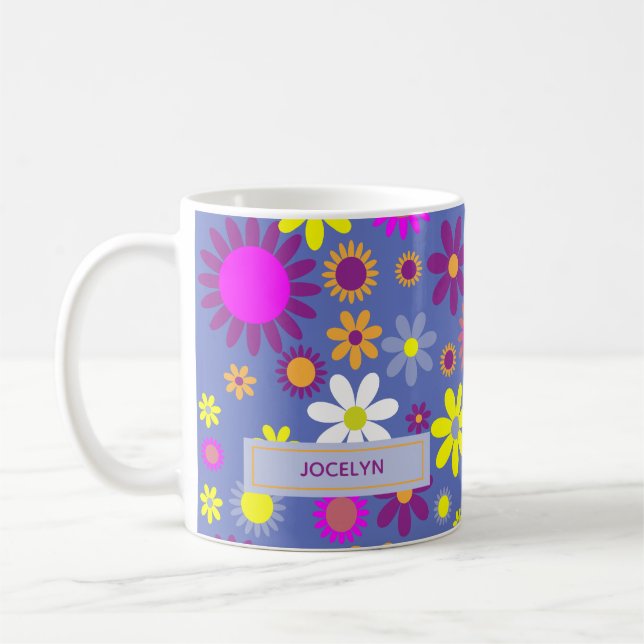 Retro Flowers on Purple personalised mug (Left)