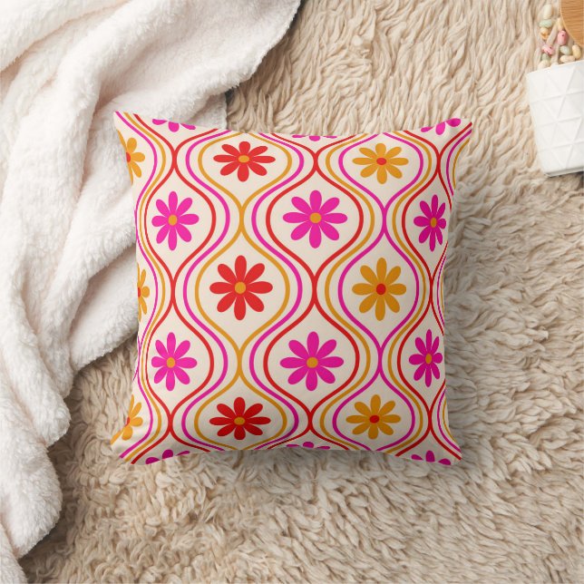 Retro Flowers on Red Orange Pink Ogee  Pattern  Cushion (Blanket)