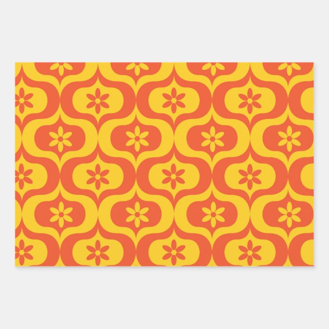 Retro Flowers on Yellow and Red Ogee Pattern  Wrapping Paper Sheet (Front)