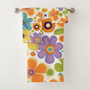 Retro Flowers Orange Lilac and Green Bath Towel Set