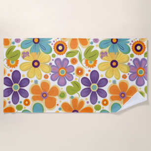 Retro Flowers Orange Lilac and Green Beach Towel