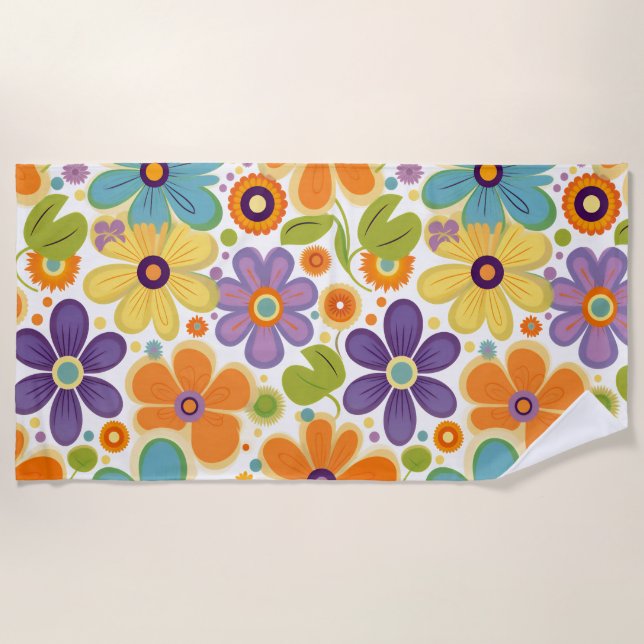 Retro Flowers Orange Lilac and Green Beach Towel (Front)