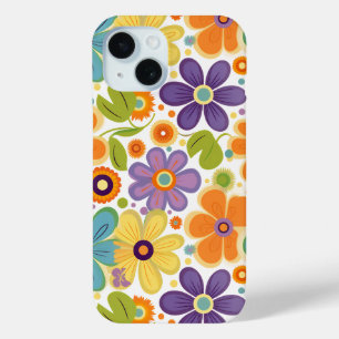 Retro Flowers Orange Lilac and Green iPhone 15 Case