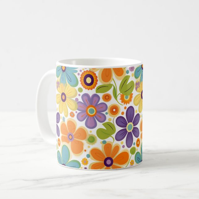 Retro Flowers Orange Lilac and Green Coffee Mug (Front Left)