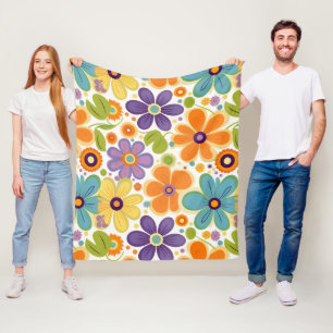 Retro Flowers Orange Lilac and Green Fleece Blanket