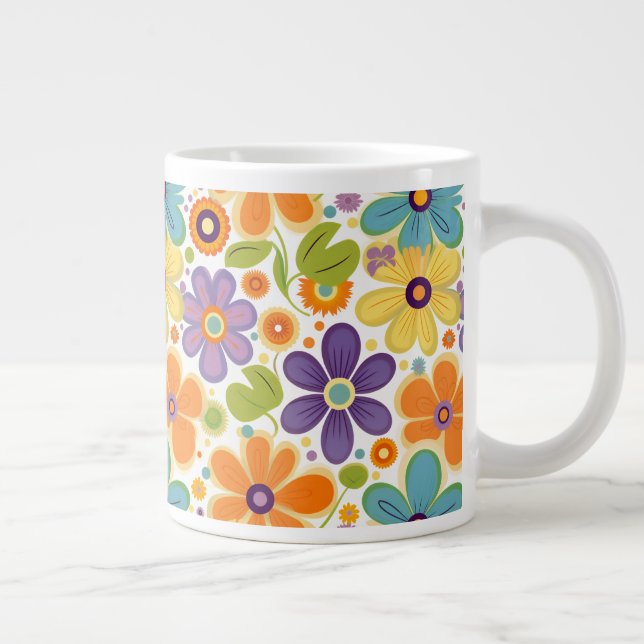 Retro Flowers Orange Lilac and Green Large Coffee Mug (Right)