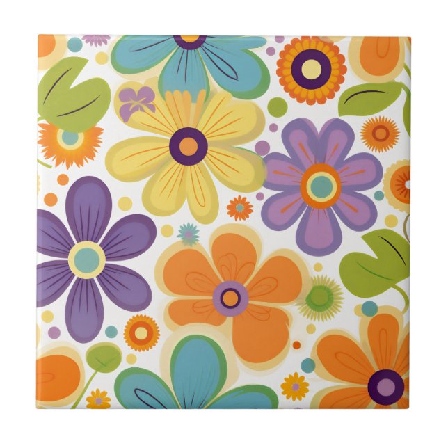 Retro Flowers Orange Lilac and Green Tile (Front)