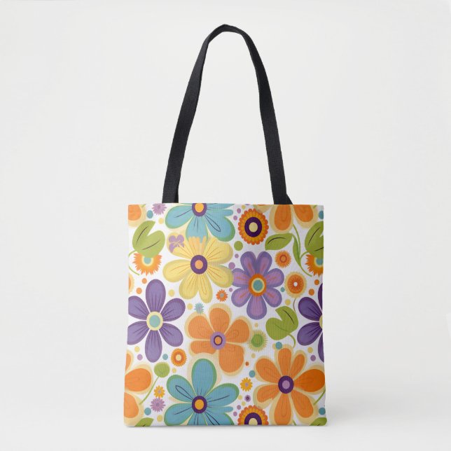 Retro Flowers Orange Lilac and Green Tote Bag (Front)