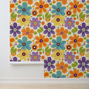 Retro Flowers Orange Lilac and Green Wallpaper