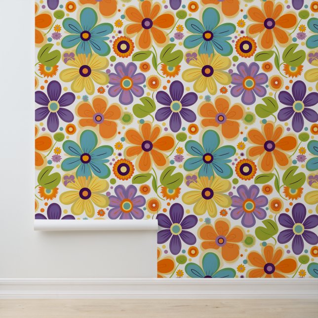 Retro Flowers Orange Lilac and Green Wallpaper (Application)