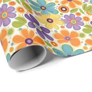 Retro Flowers Orange Lilac and Green Wrapping Paper