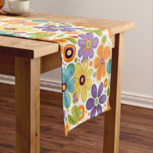 Retro Flowers Orange Lilac Green Short Table Runner