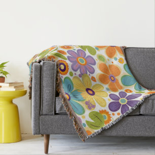 Retro Flowers Orange Lilac Green Throw Blanket