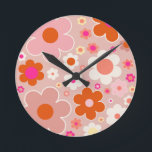 Retro Flowers Peach Blush Pink Orange Floral Round Clock<br><div class="desc">Colourful retro flowers: floral art – warm tones   peach background and white,  blush pink,  orange and yellow flowers.</div>