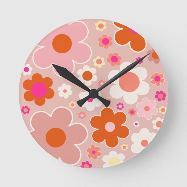 Retro Flowers Peach Blush Pink Orange Floral Round Clock (Front)