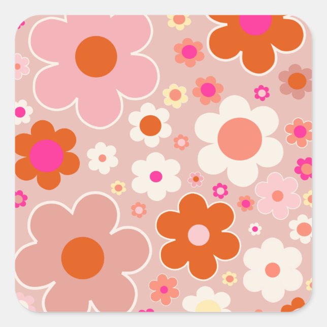 Retro Flowers Peach Blush Pink Orange Floral Square Sticker (Front)