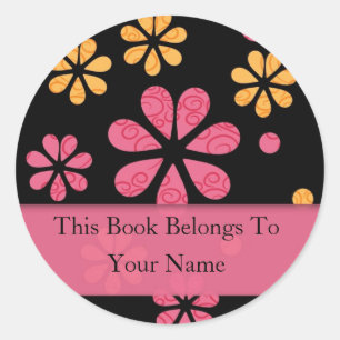 Retro Flowers Personalised Bookplates : Pink Classic Round Sticker