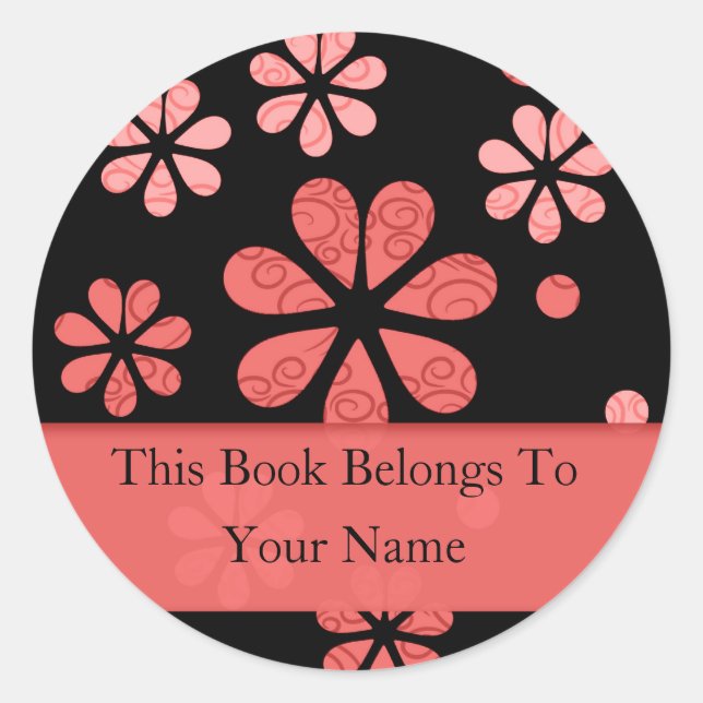 Retro Flowers Personalised Bookplates : Red Classic Round Sticker (Front)