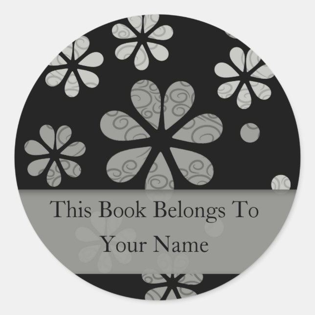 Retro Flowers Personalised Bookplates : Silver Classic Round Sticker (Front)