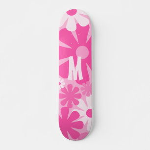 Retro Flowers Pink Pattern with Initial  Skateboard