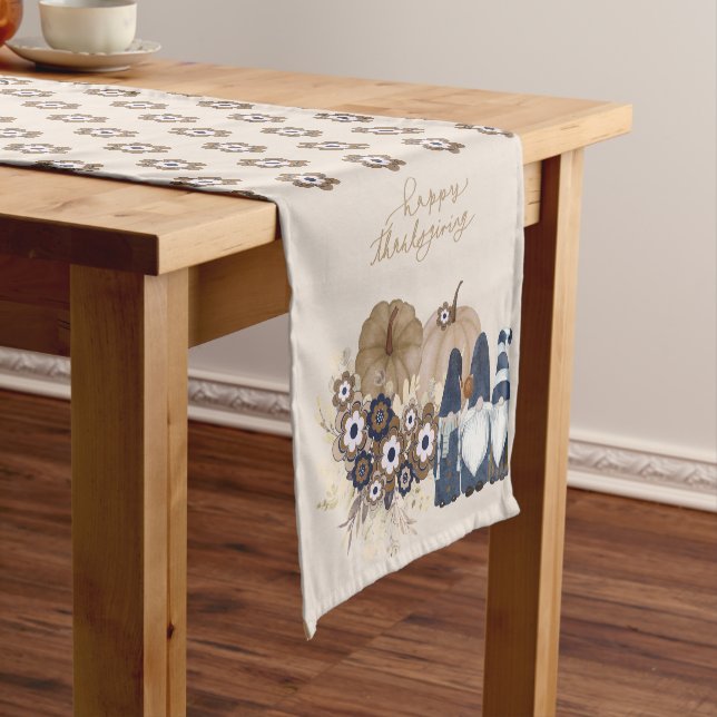 Retro Flowers Pumpkins Denim Gnomes Thanksgiving Short Table Runner (In Situ)