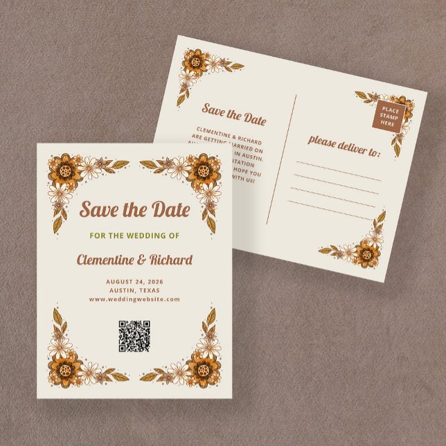 Retro Flowers | QR Code Wedding Save the Date Announcement Postcard (A trendy retro save the date with a scannable QR code for your wedding website)