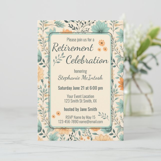 Retro Flowers Retirement Celebration Party Invitation (Standing Front)