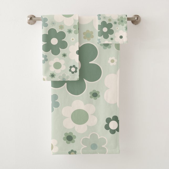 Retro Flowers Sage Green Abstract Floral Bath Towel Set (Insitu)