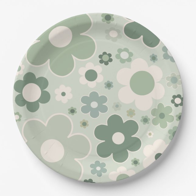 Retro Flowers Sage Green Abstract Floral Paper Plate (Front)