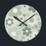 Retro Flowers Sage Green Abstract Floral Round Clock<br><div class="desc">Retro flowers: floral art – sage green flower pattern.</div>