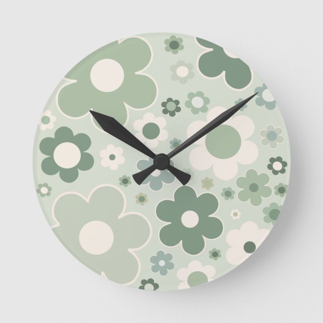 Retro Flowers Sage Green Abstract Floral Round Clock (Front)