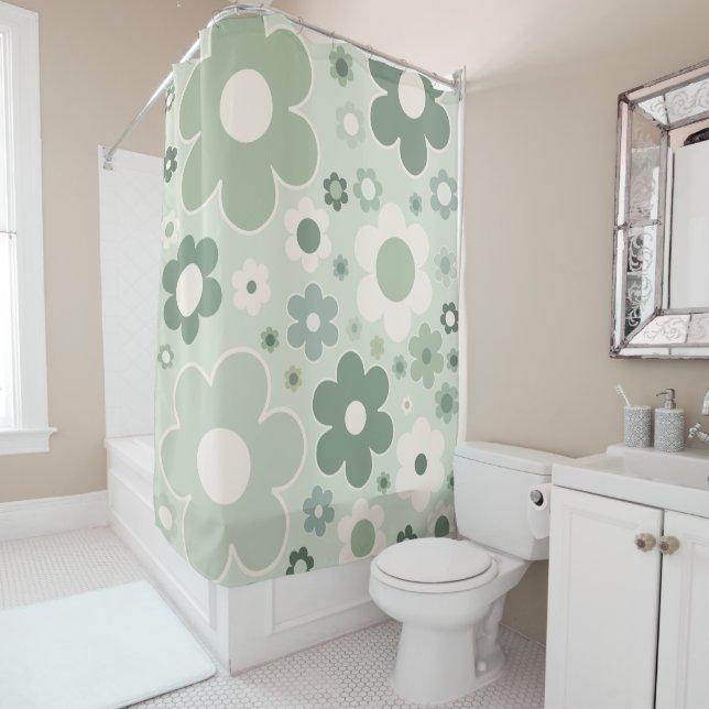Retro Flowers Sage Green Abstract Floral Shower Curtain (In Situ)