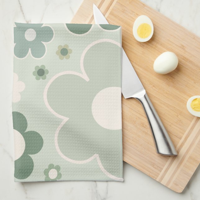 Retro Flowers Sage Green Abstract Floral Tea Towel (Quarter Fold)