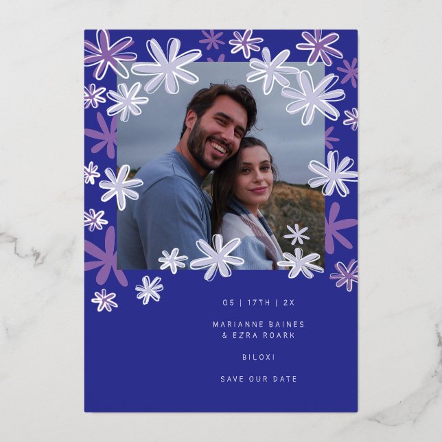 RETRO FLOWERS SAVE THE DATE FOIL INVITATION (Front)