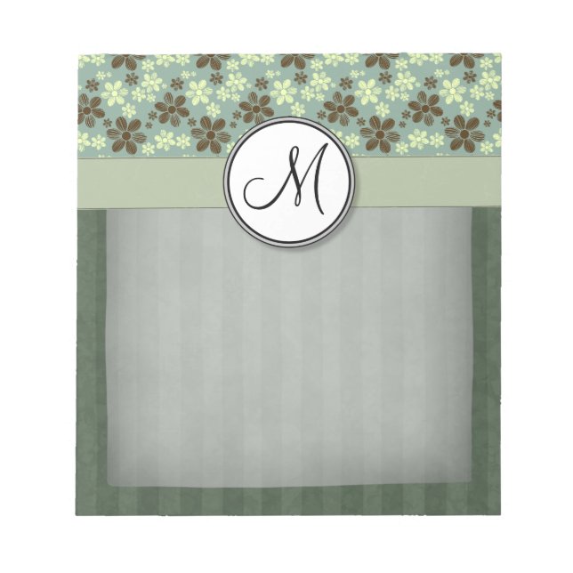 Retro Flowers Sea Green with Stripes and Monogram Notepad (Front)