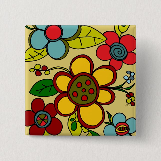 Retro Flowers Urban Colours 15 Cm Square Badge (Front)