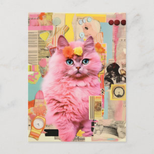 Retro Fluffy Pink Cat Collage Postcard