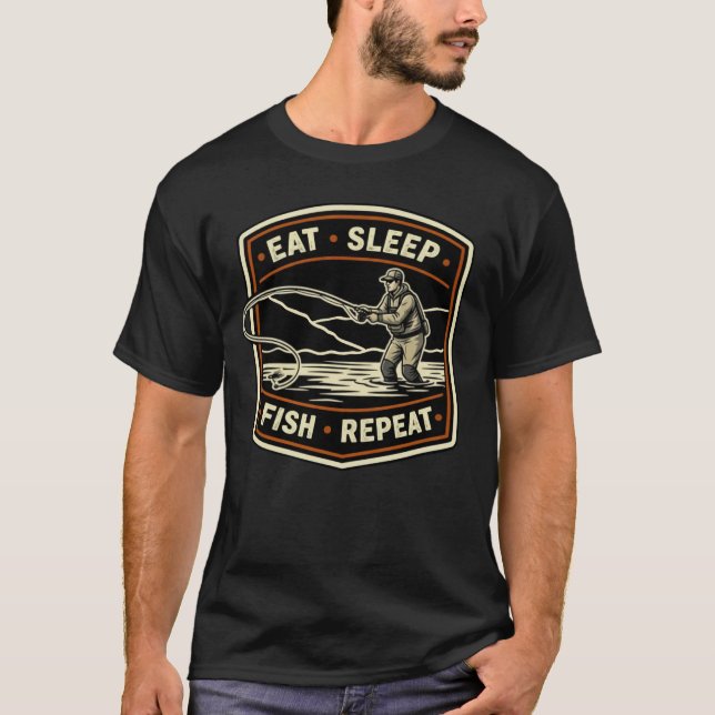 Retro fly fishing design eat sleep fish repeat T-Shirt (Front)