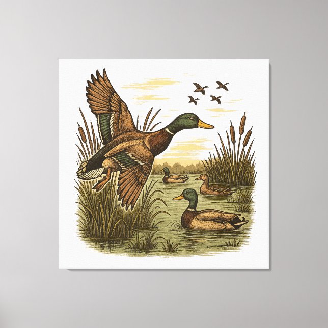 Retro Flying Mallard Duck Hunting Canvas Print (Front)