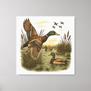 Retro-Flying-Mallard-Duck-Hunting Canvas Print