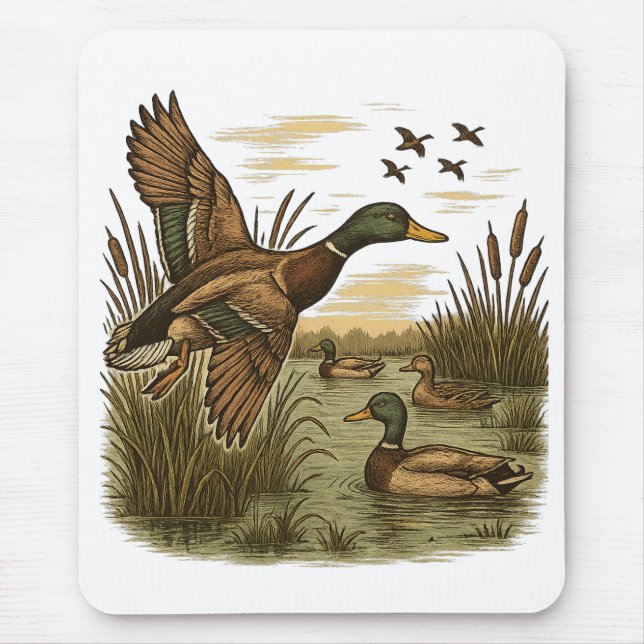 Retro-Flying-Mallard-Duck-Hunting Mouse Mat (Front)