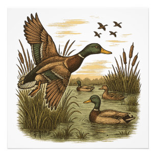 Retro-Flying-Mallard-Duck-Hunting,  Photo Print
