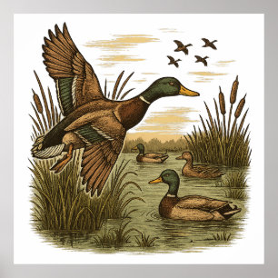 Retro-Flying-Mallard-Duck-Hunting,  Poster